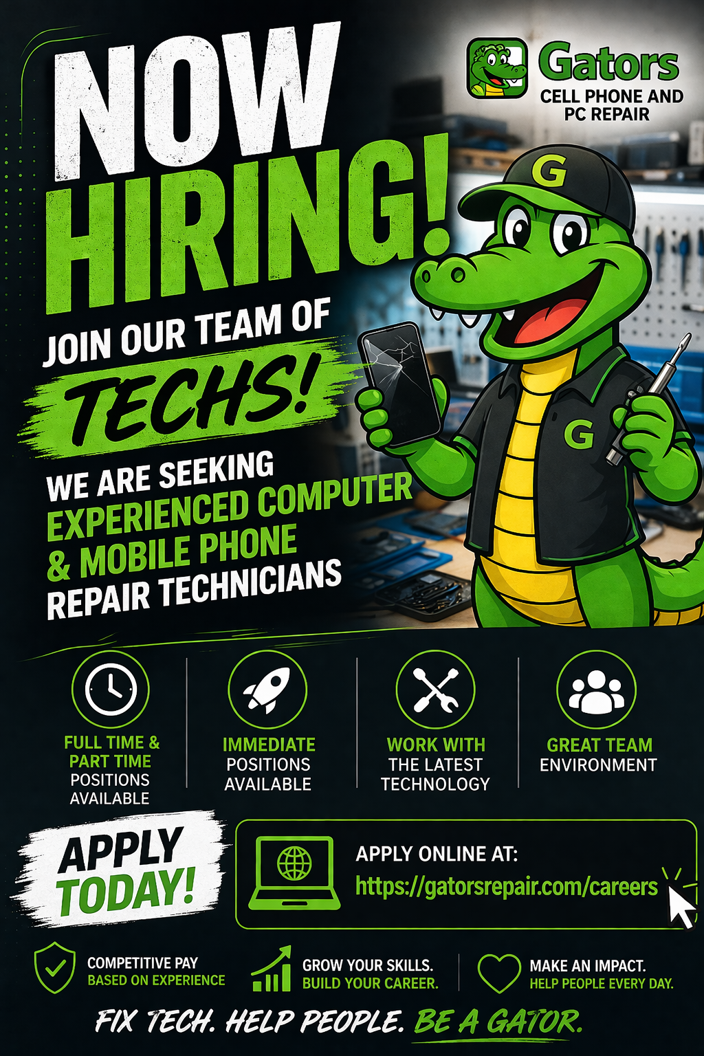 Now Hiring - PC & Mobile Phone Technicians - Full-Time & Part-Time at Gators Cell Phone & PC Repair